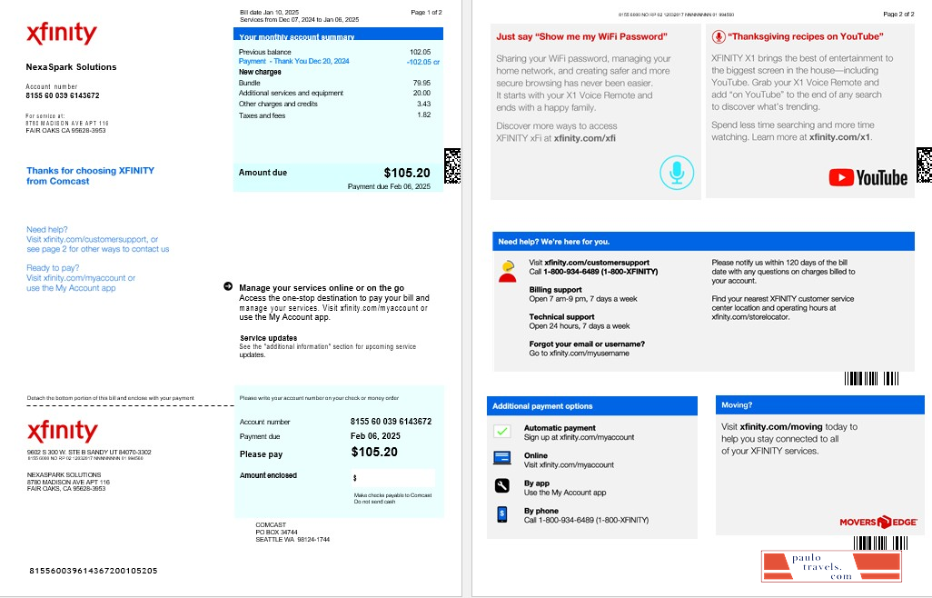 USA XFINITY business utility bill Word and PDF template, version 2 PSD template
